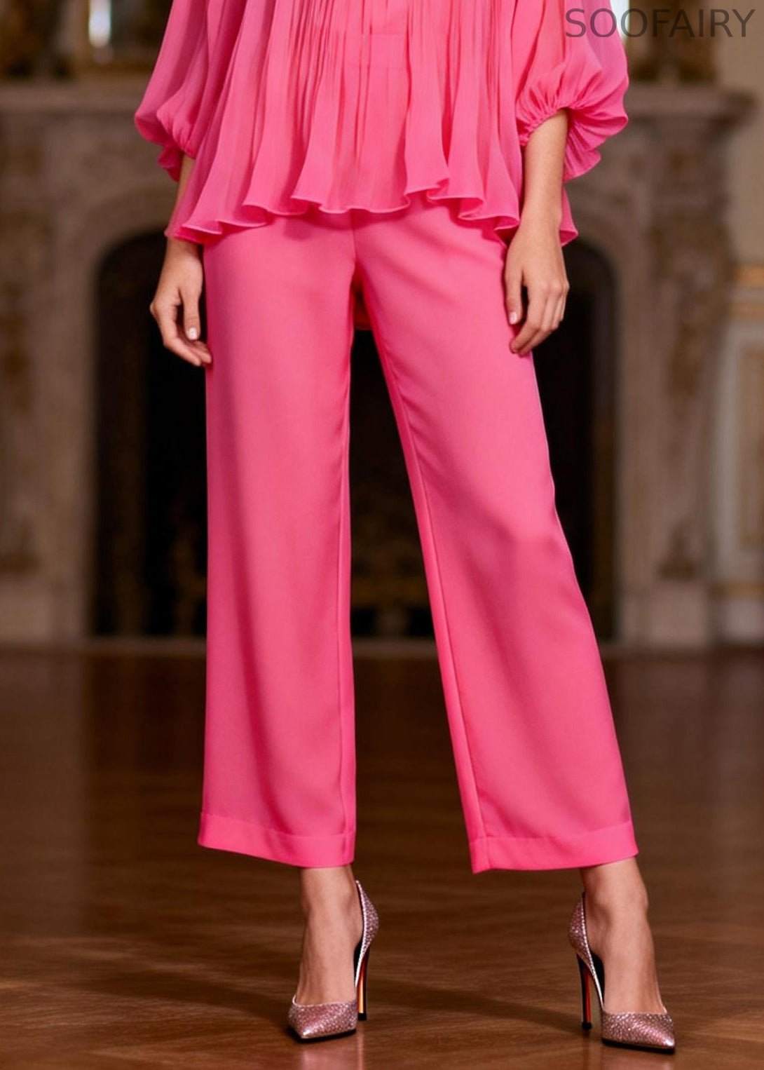 Pink High Waist Tops and Crop Pants Two-piece Set Ruffled Bracelet Sleeve