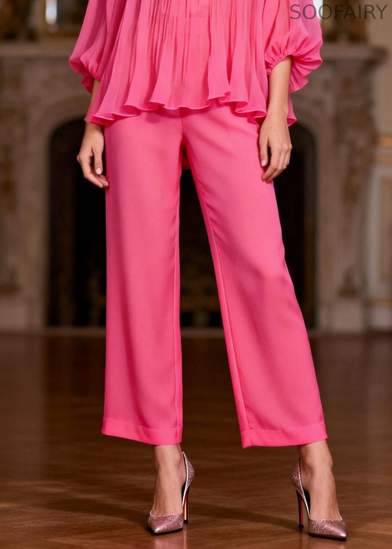 Pink High Waist Tops and Crop Pants Two-piece Set Ruffled Bracelet Sleeve