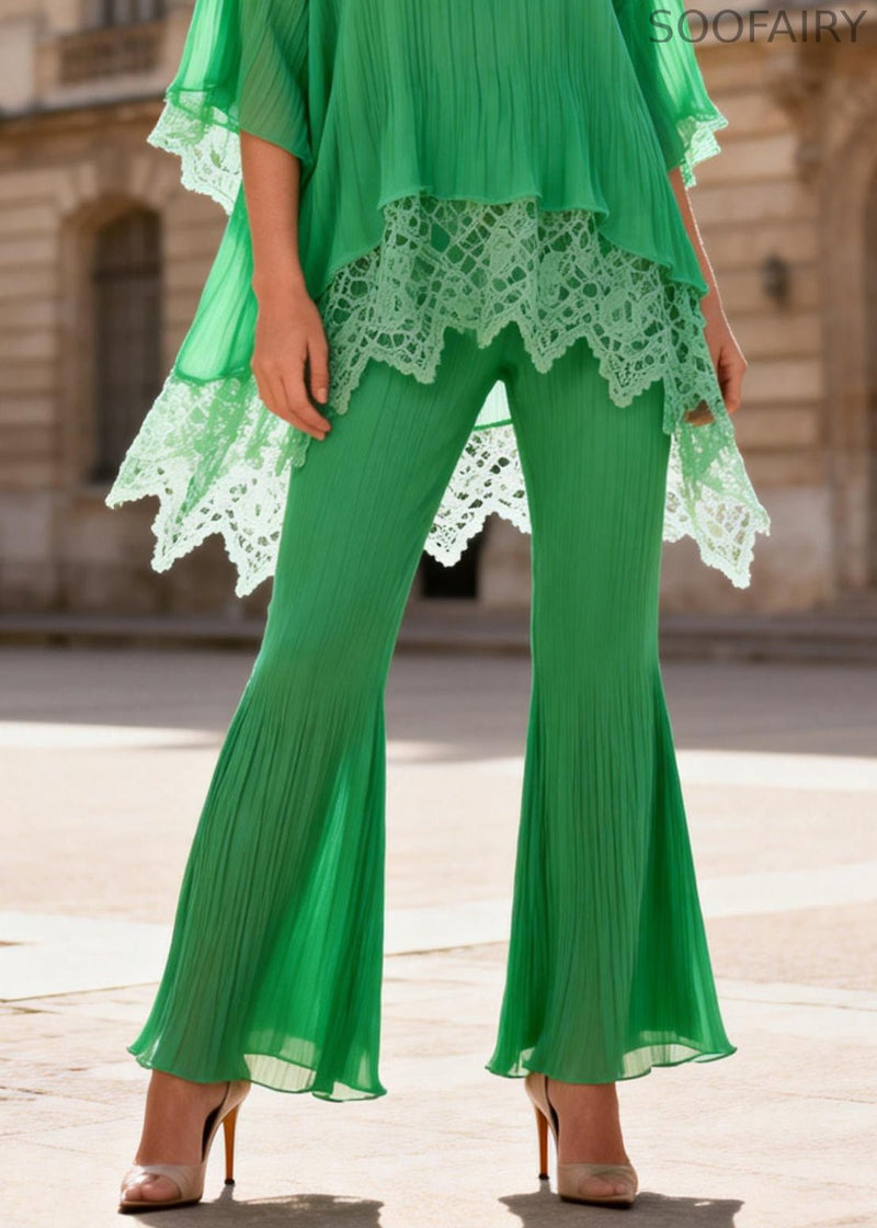 Green Lace Patchwork Tops and Flared Trousers Two Pieces Set O Neck Batwing Sleeve