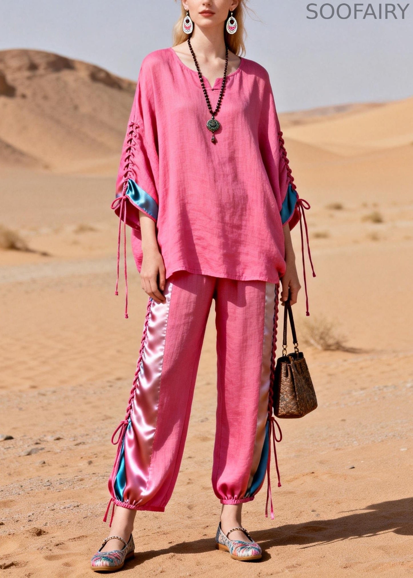 Pink Shirts and Crop Pants Silk Patchwork Two Piece Set Cinched Summer