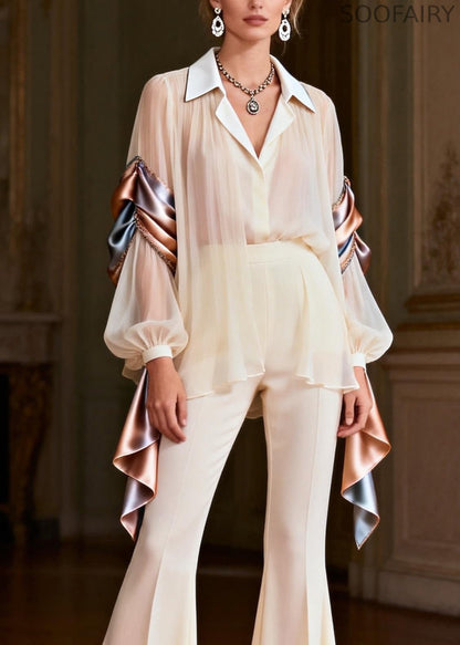 Peter Pan Collar Patchwork Silk Two Pieces Set Spring