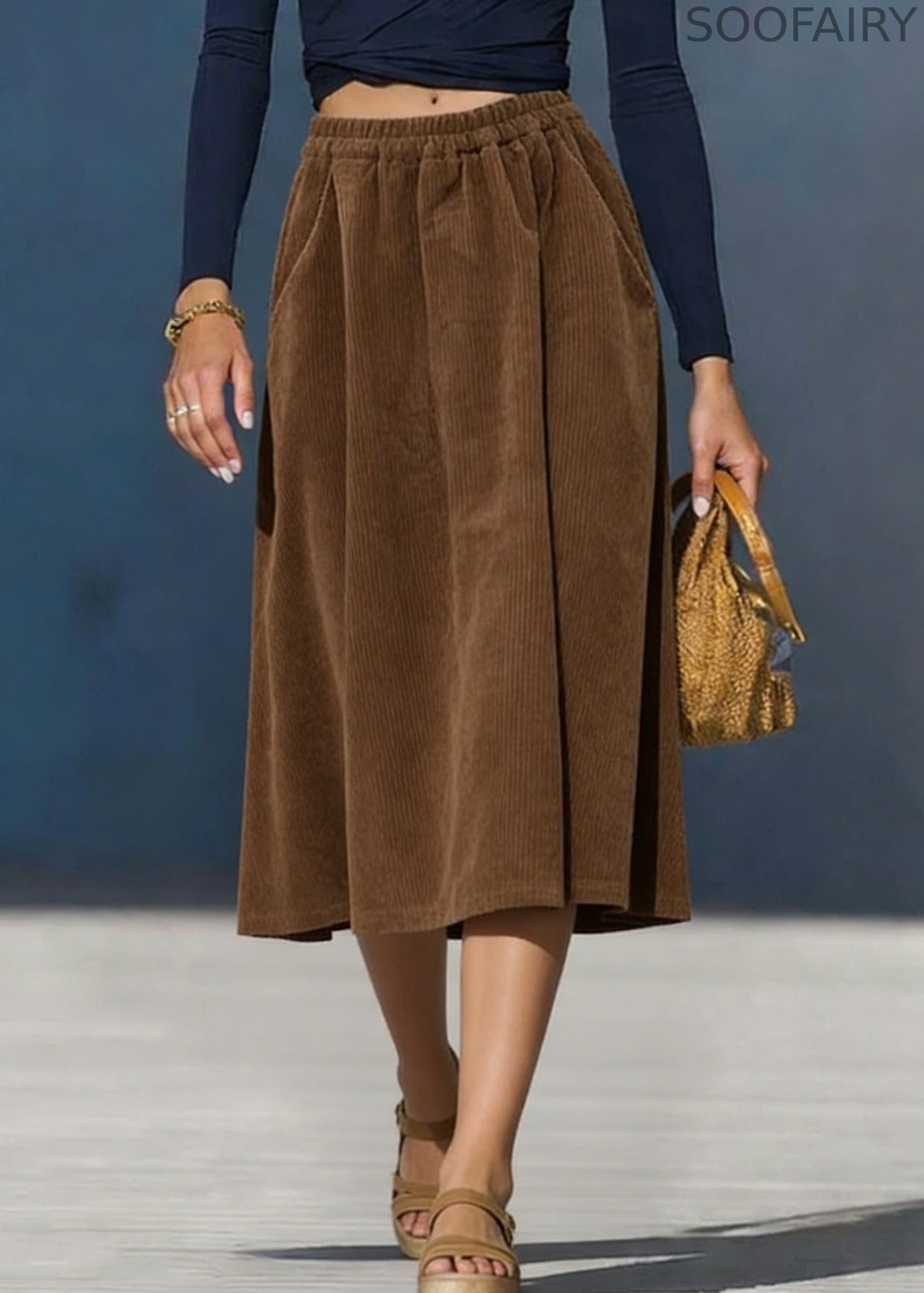 Simple Coffee Pockets Elastic Waist Corduroy Skirt