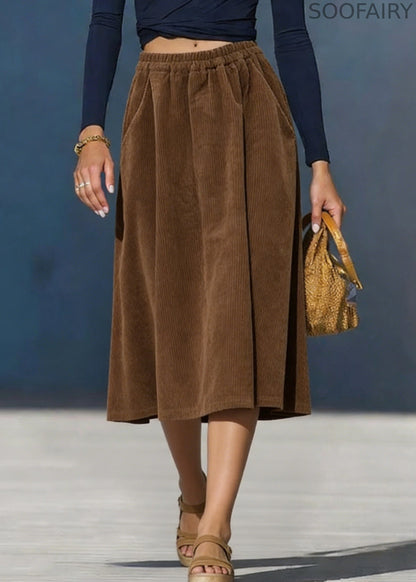 Simple Coffee Pockets Elastic Waist Corduroy Skirt