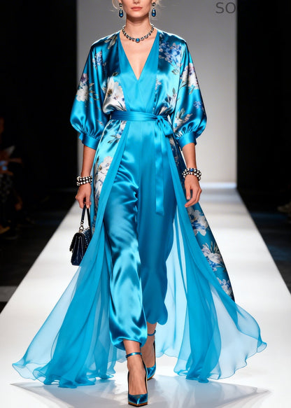 Blue Print Draping Silk Long Dresses Two Piece Set Summer