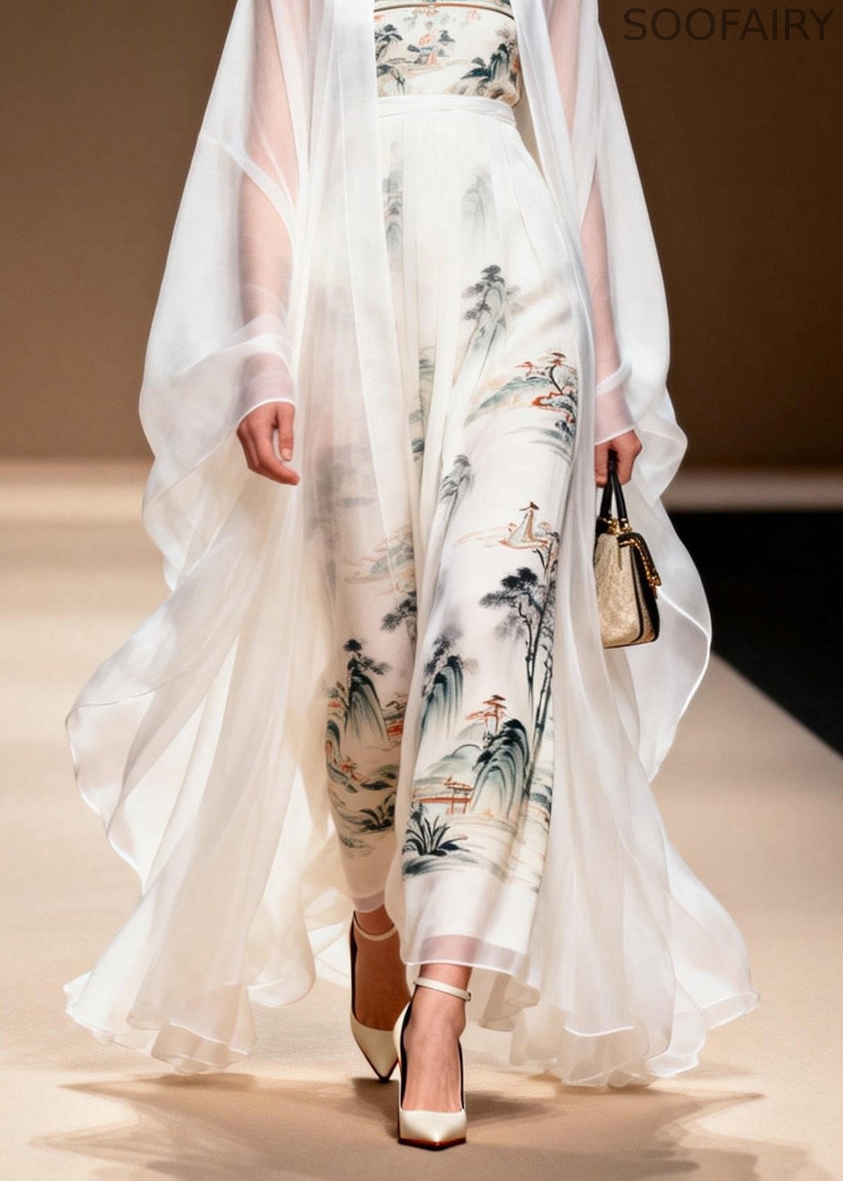 White Cardigans and Dress Print Chiffon Two Pieces Set Spring