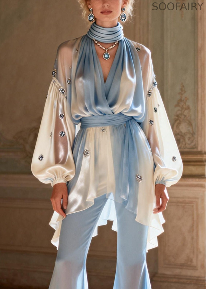 Gradient Color V Neck Patchwork Tunic Chiffon Shirts and Flared Trousers Two Pieces Set Spring