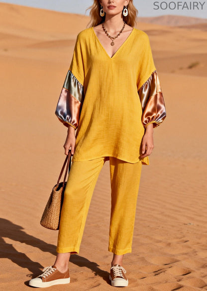 Italian Yellow V Neck Patchwork Silk Cotton Two Piece Suit Set Spring