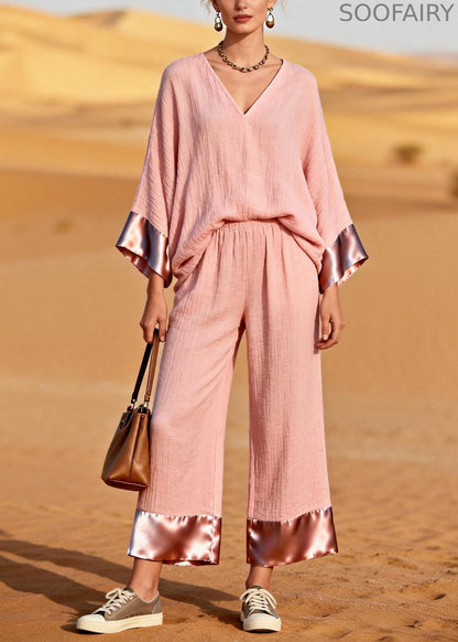 Pink V Neck Patchwork Cotton Two Piece Set Clothing Spring