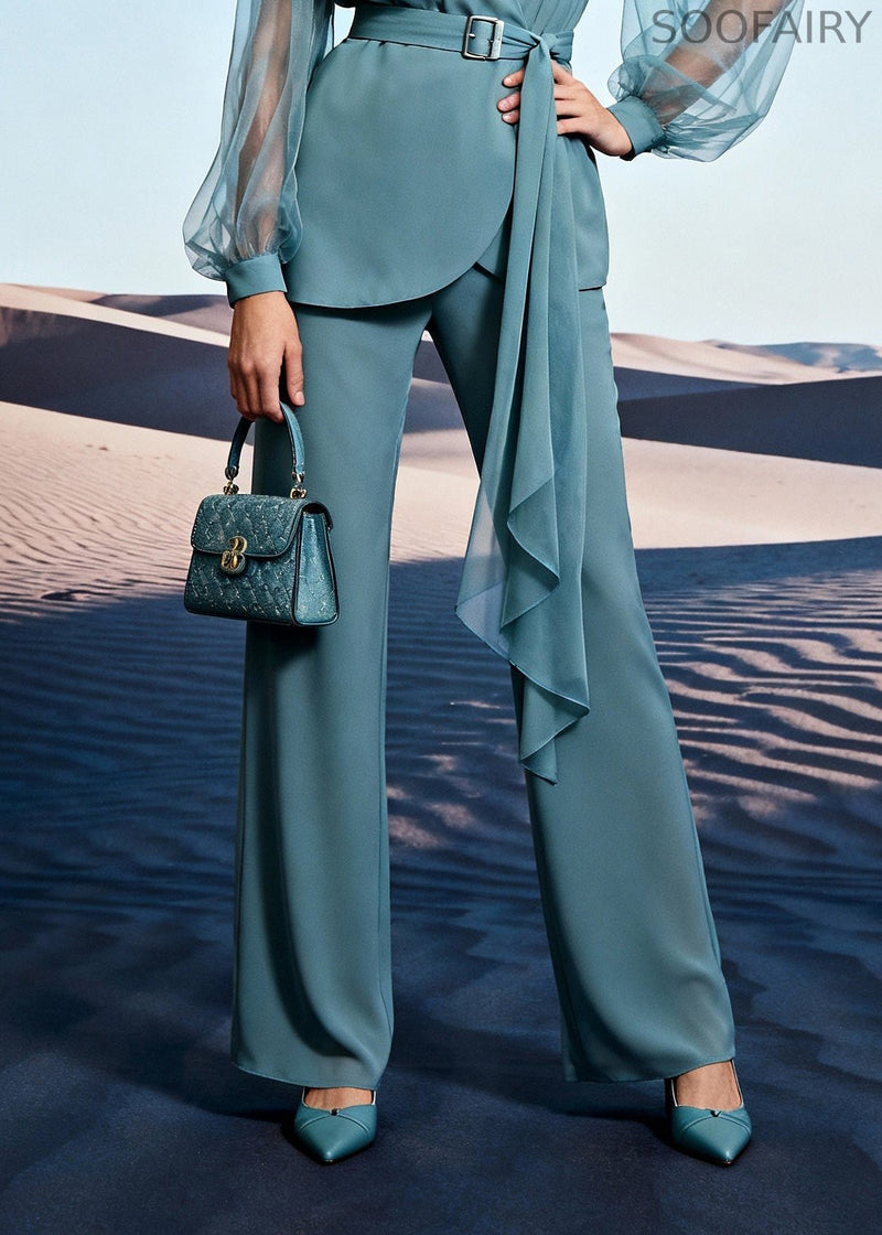 Unique Blue Tulle Patchwork Shirts and Wide Leg Pants Two Pieces Set Lantern Sleeve