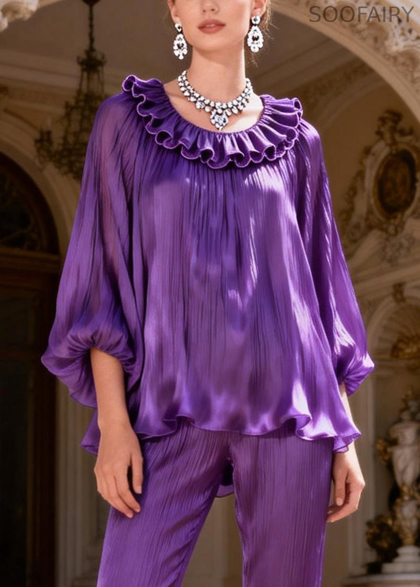 Purple High Waist Tops and Bell Bottom Trousers Silk Two Piece Set Ruffled Lantern Sleeve