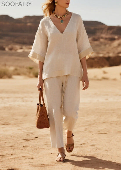 Loose V Neck Patchwork Linen Two Piece Suit Set Summer