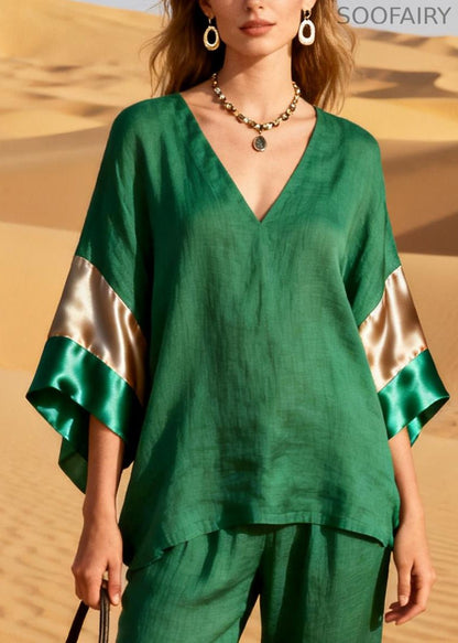 Grass Green Patchwork Linen Silk Two Pieces Set V Neck Summer