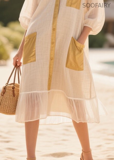 Beige Oversized Patchwork Cotton Dress Bracelet Sleeve