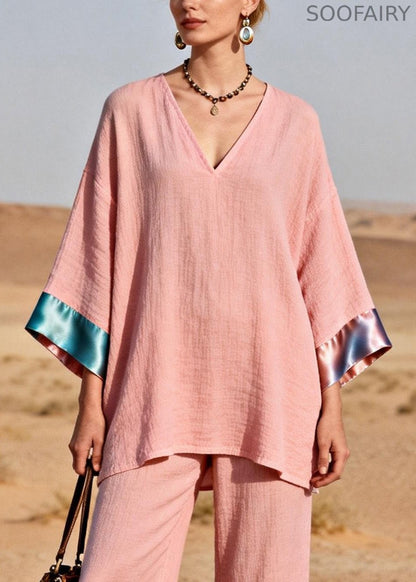 Pink Oversized Tops and Crop Pants Silk Patchwork Two Pieces Set V Neck