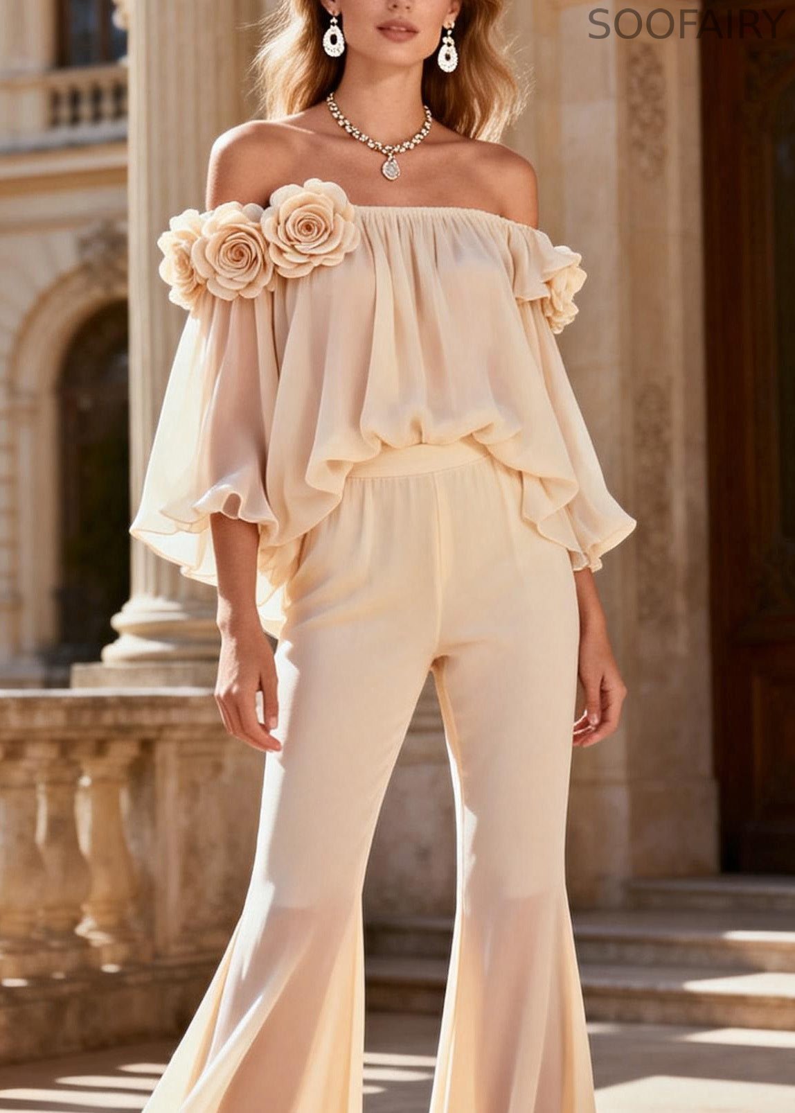 Beige Cold Shoulder Silk Two Pieces Set Summer