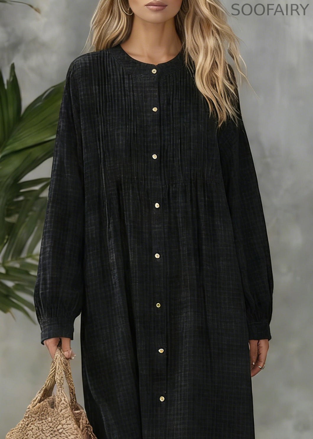 Black Plaid Button Cotton Blouses Dress O Neck Spring