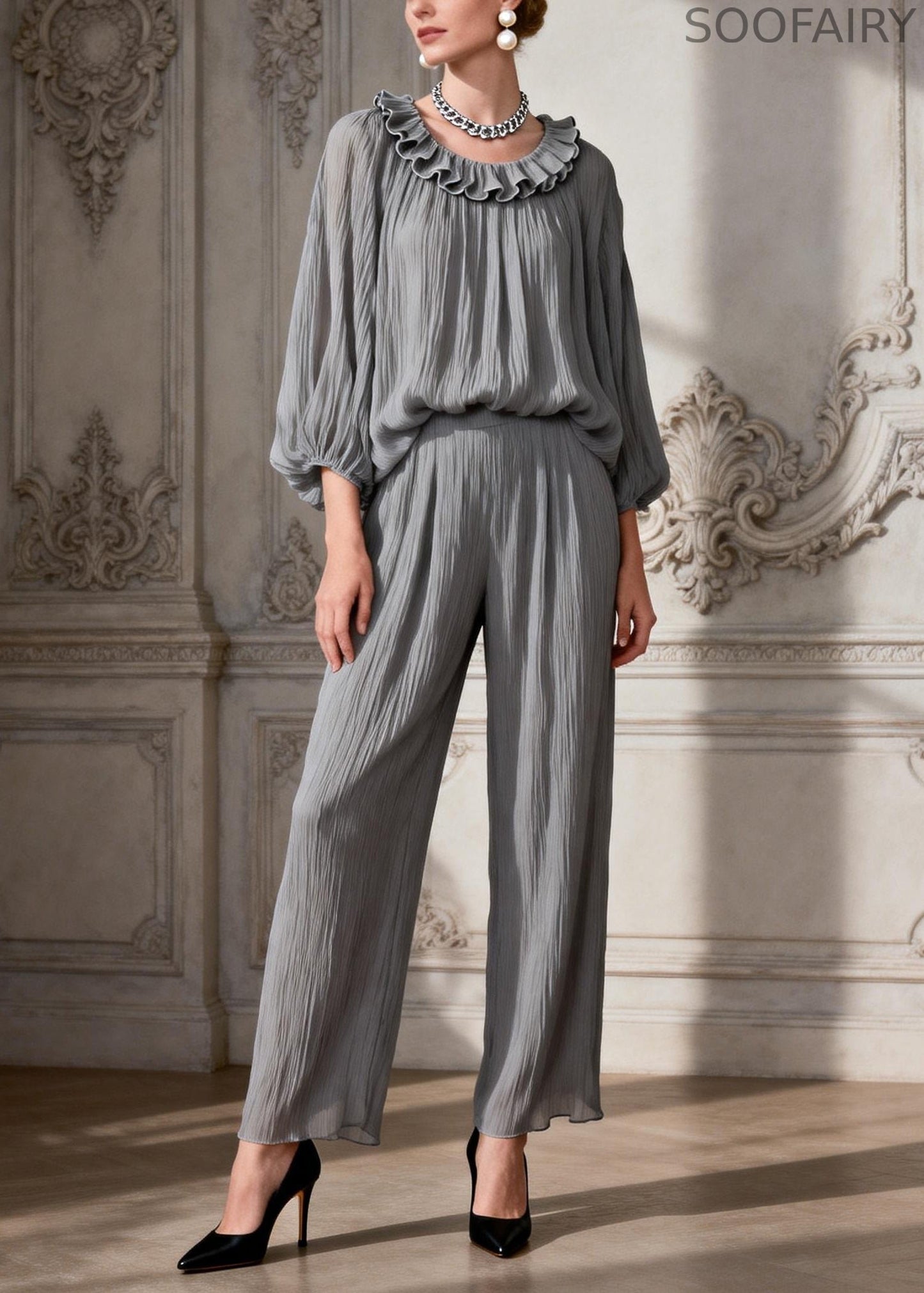 Simple Grey O Neck Ruffled Two Pieces Set Spring