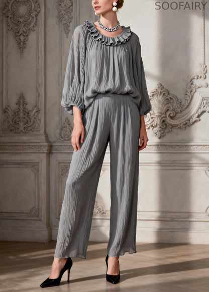 Simple Grey O Neck Ruffled Two Pieces Set Spring