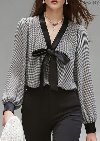 French Black Plaid Bow Chiffon Shirt Top Spring