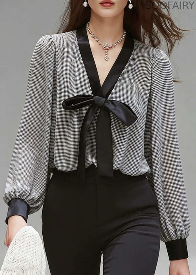 French Black Plaid Bow Chiffon Shirt Top Spring